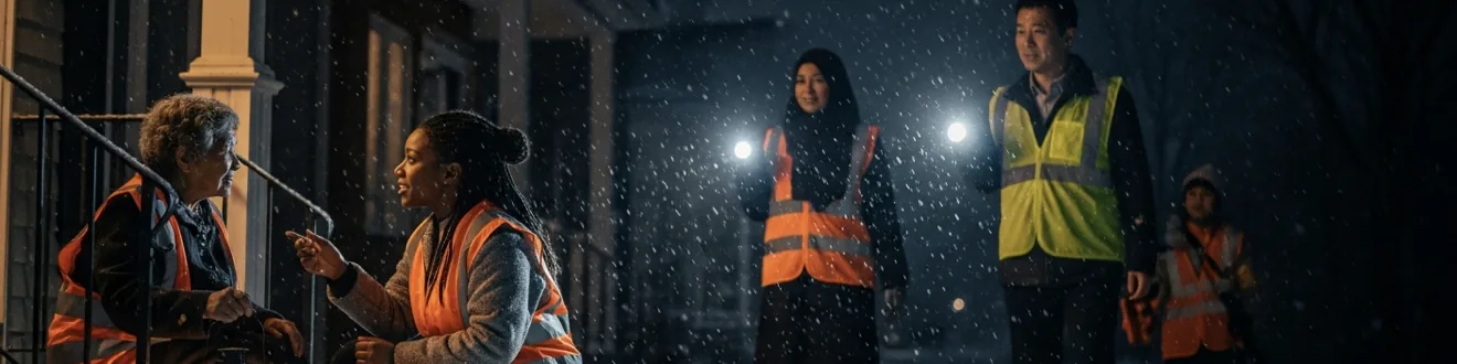 A responder in a high-visibility vest crouched on a snowy front step, talking with an older woman wrapped in a coat and vest, while three more responders with torches work their way along the street behind them