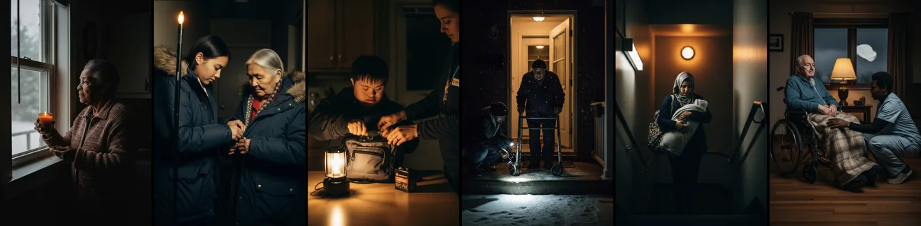 Six households during a night-time power failure: an older woman at a window holding a candle, a young woman fastening an elder's coat outside, a young man packing a go-bag by lamplight, a man with a walker met at his door by a responder with a torch, a woman carrying bedding down a stairwell, and a man in a wheelchair being covered with a blanket by a care worker
