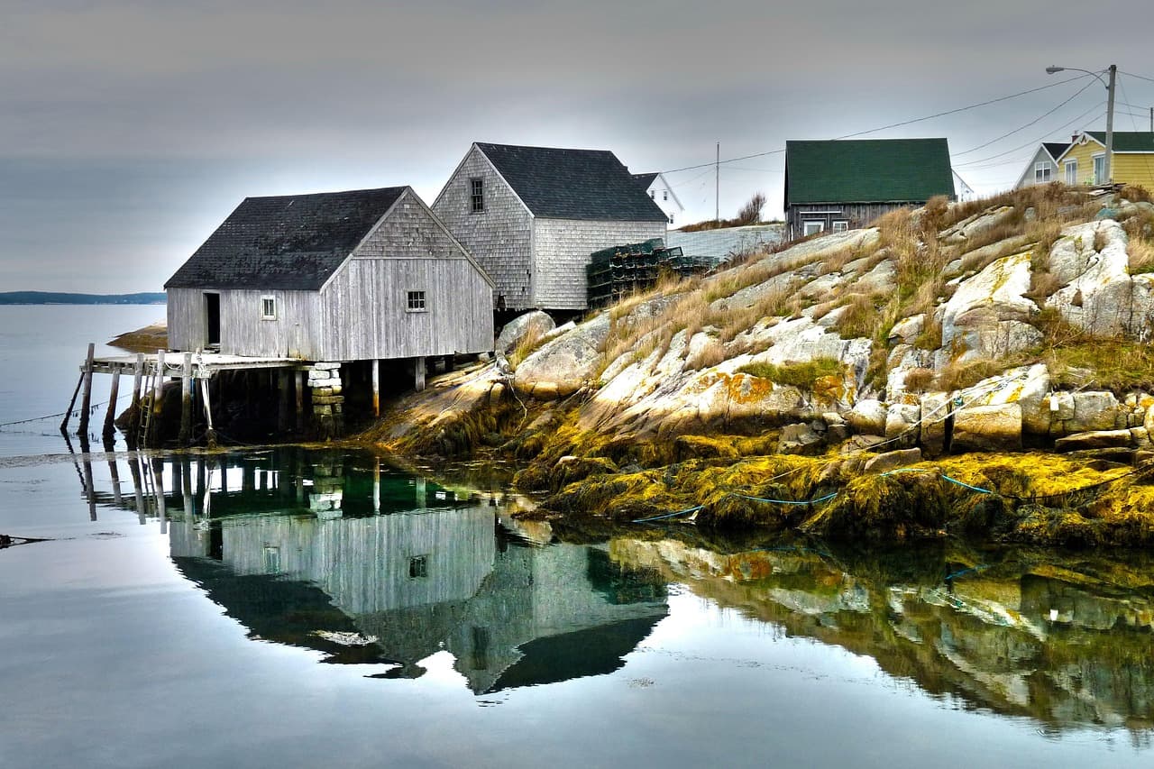 Fishing sheds on the rocks of an Atlantic Canada cove