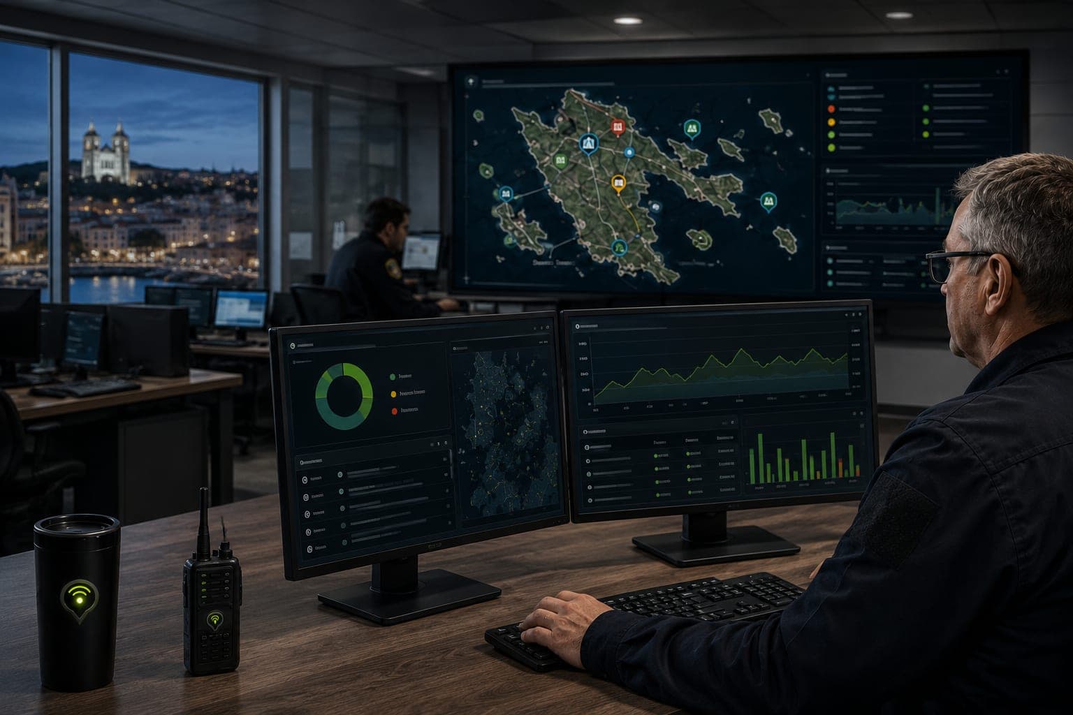 A coordinator in an emergency operations centre watching the CIVIC community map fill in across three screens, a CIVIC mug and handheld radio beside the keyboard