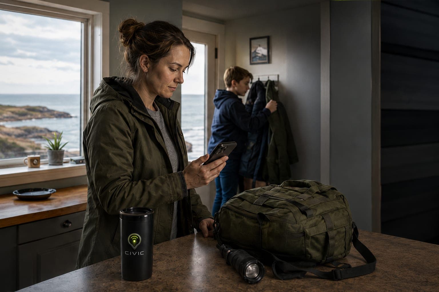 A mother checking the CIVIC app on her phone at the kitchen counter while her son takes coats off the hook, a packed go-bag and a CIVIC travel mug on the counter, the sea outside the window