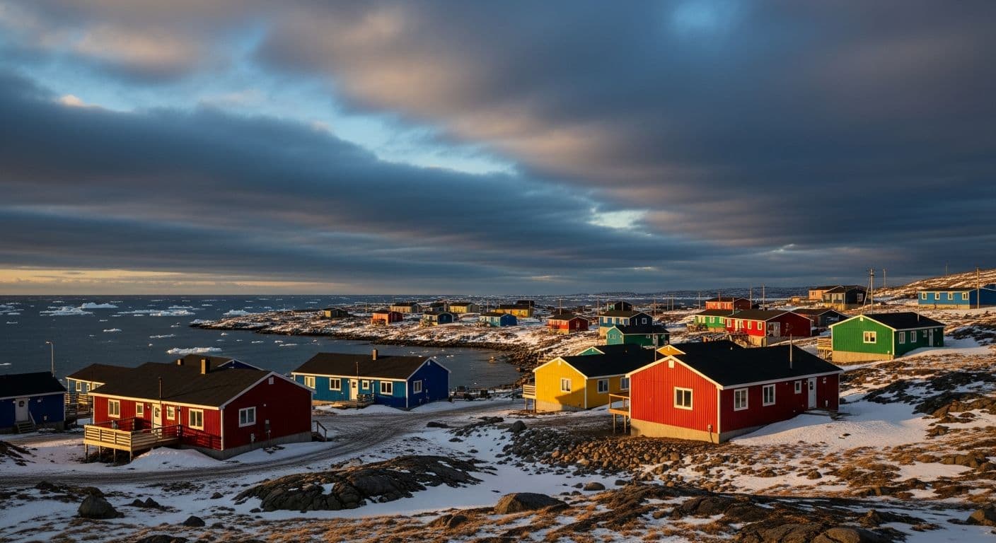 Brightly coloured houses of a northern Arctic community on the tundra shore