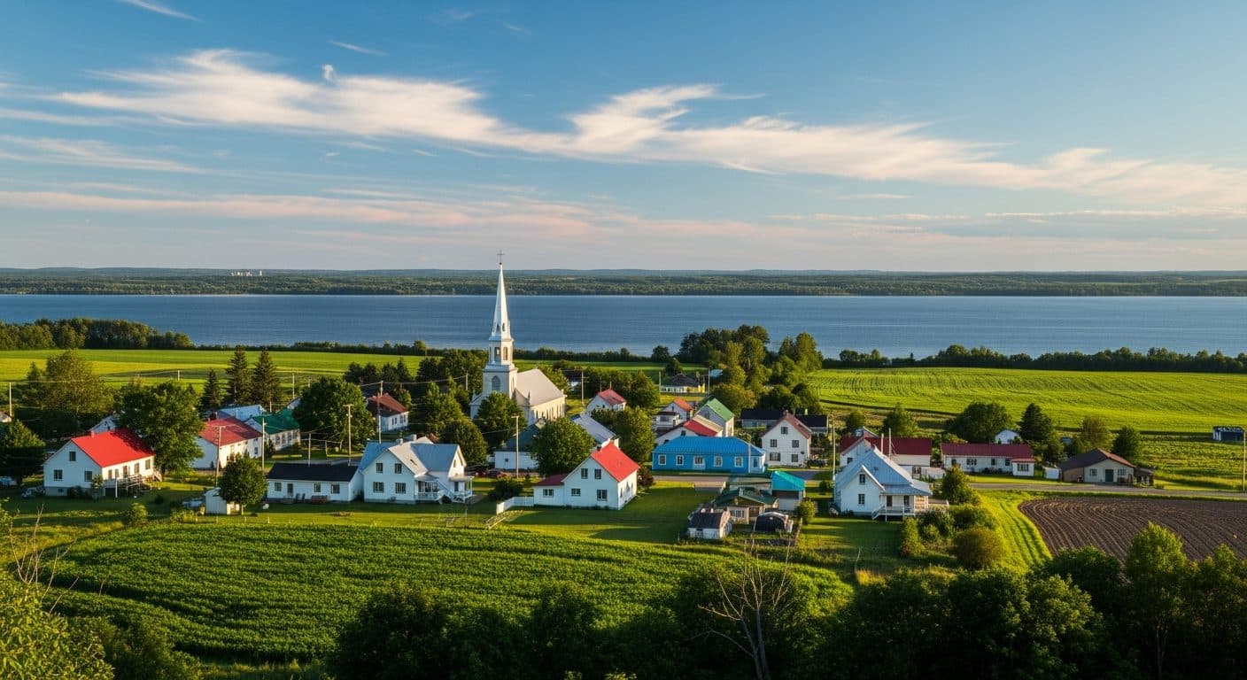 Village with a church steeple on the St. Lawrence River in rural Quebec