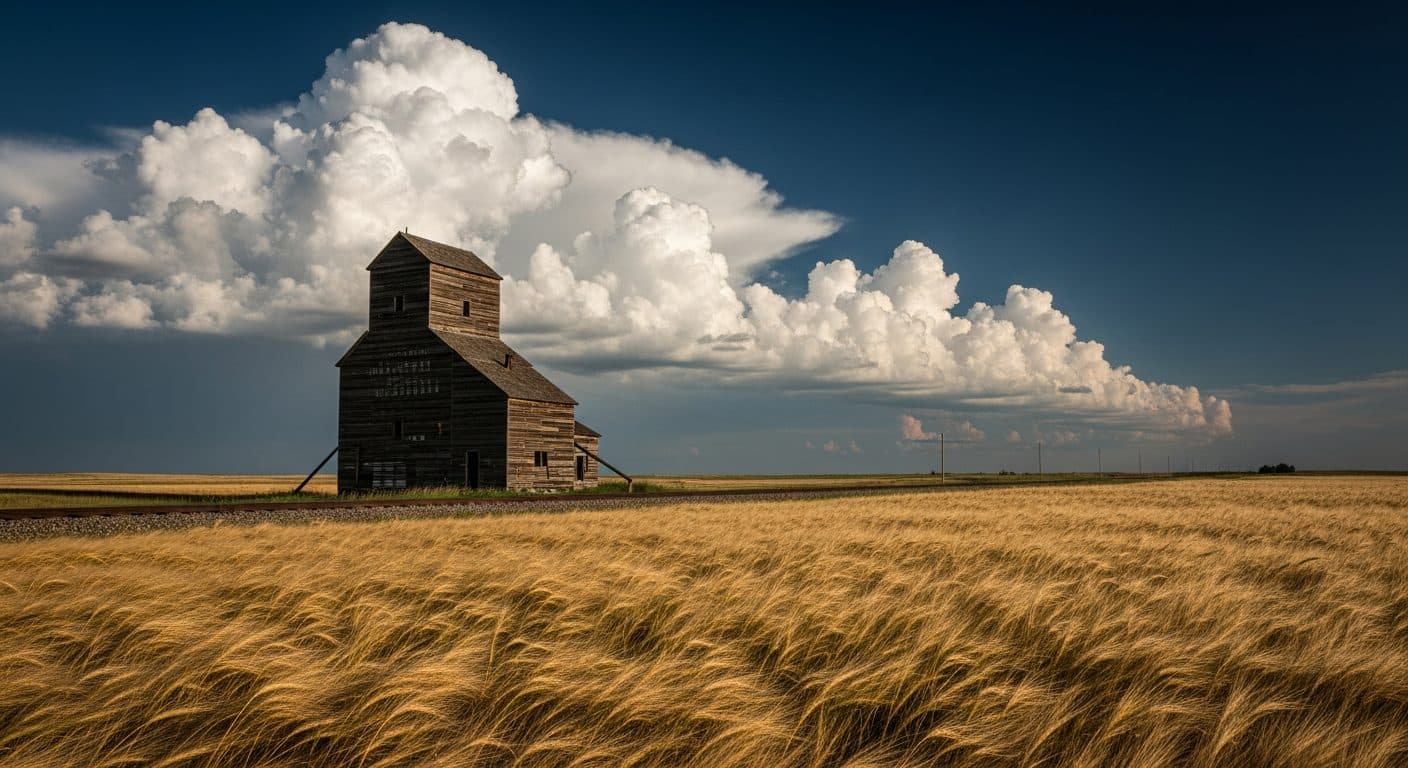 Wooden grain elevator under a towering prairie sky in Saskatchewan