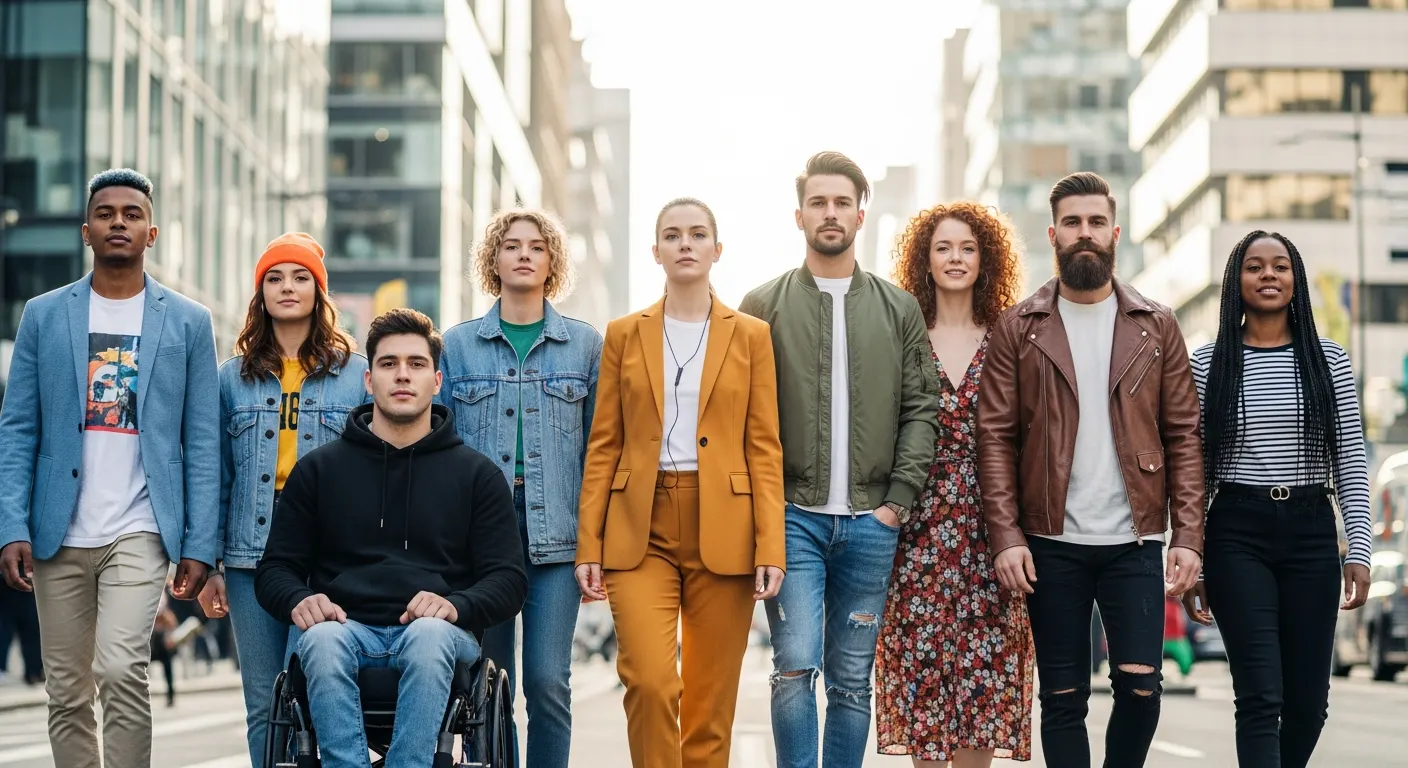 A diverse young workforce, including a wheelchair user, walking into the city